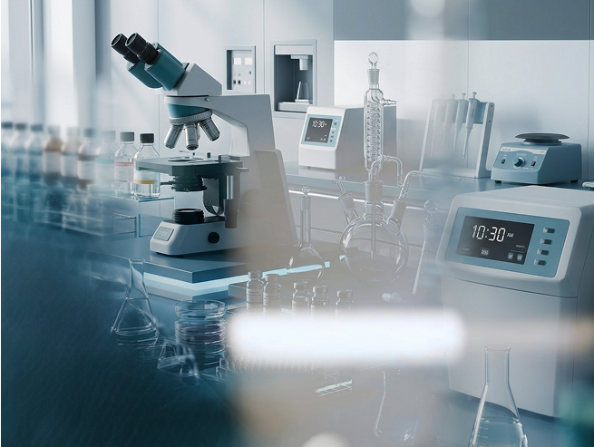 Laboratory setup with microscope and medical analysis devices