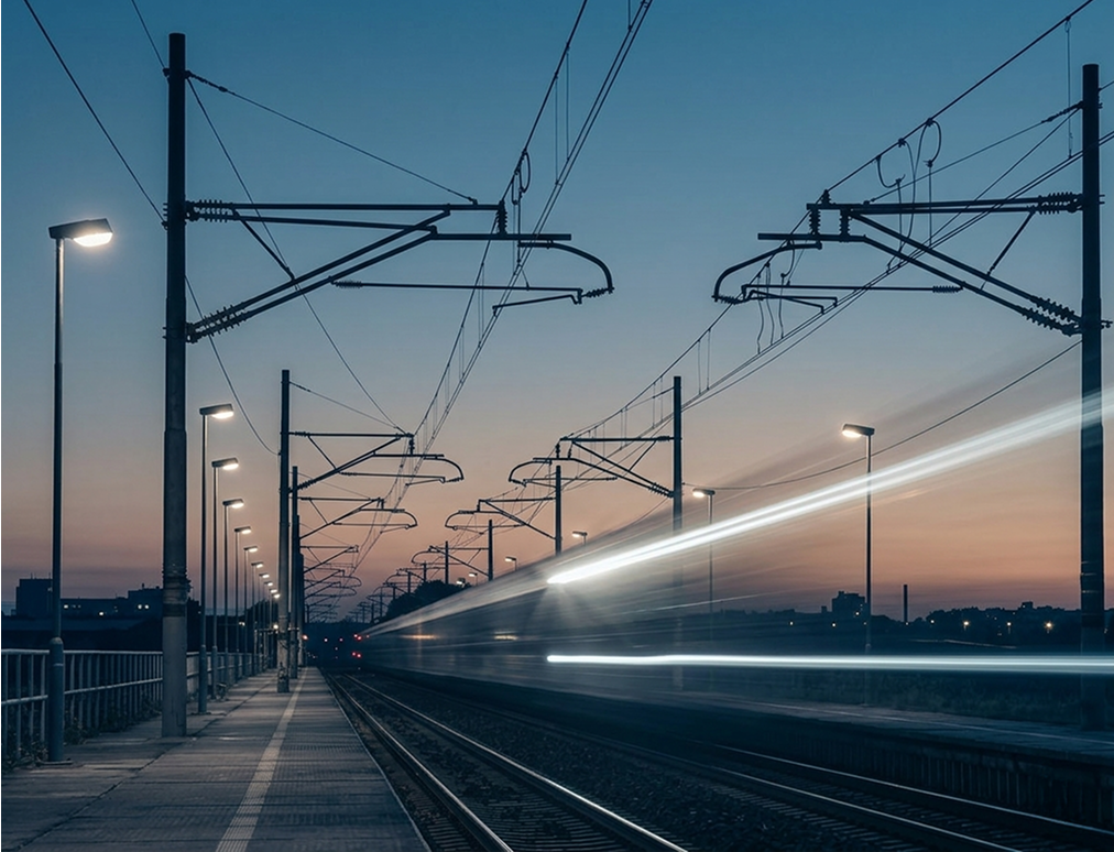 Fast train on electrified railway tracks at sunset